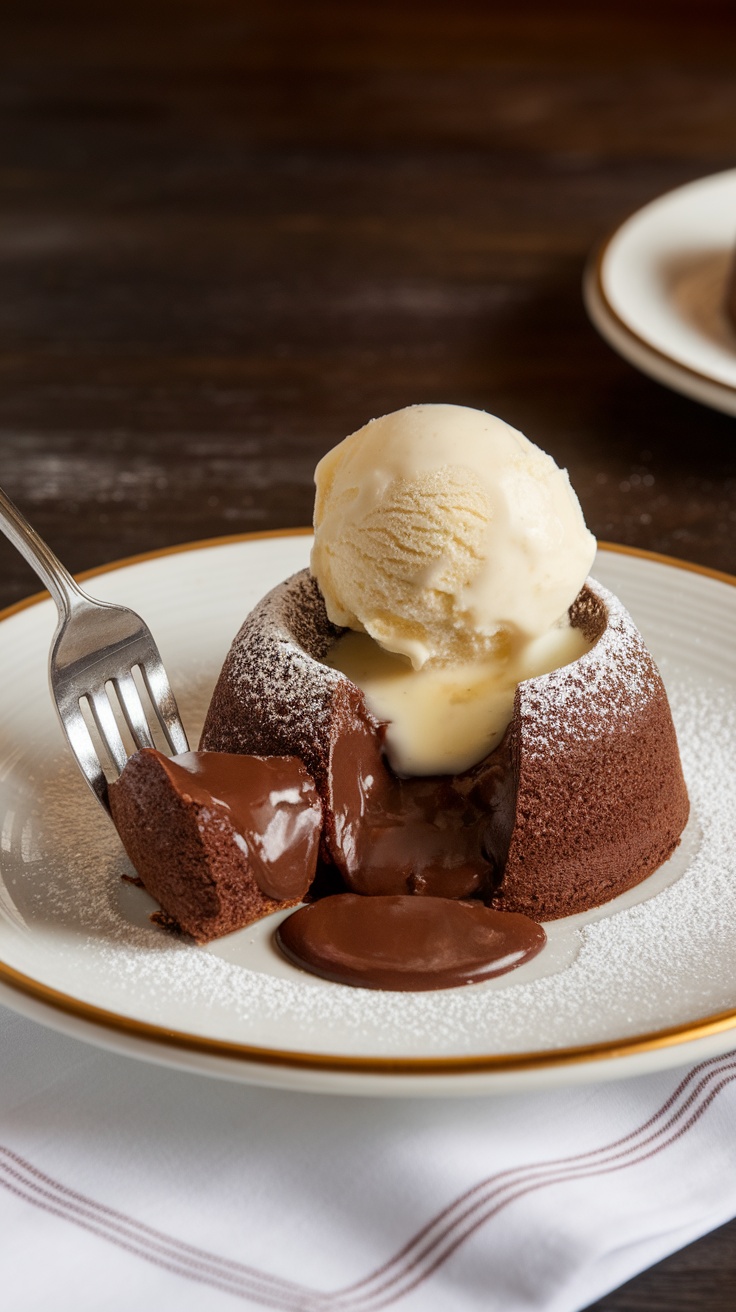 A decadent chocolate lava cake with a molten center, served with vanilla ice cream on a white plate.